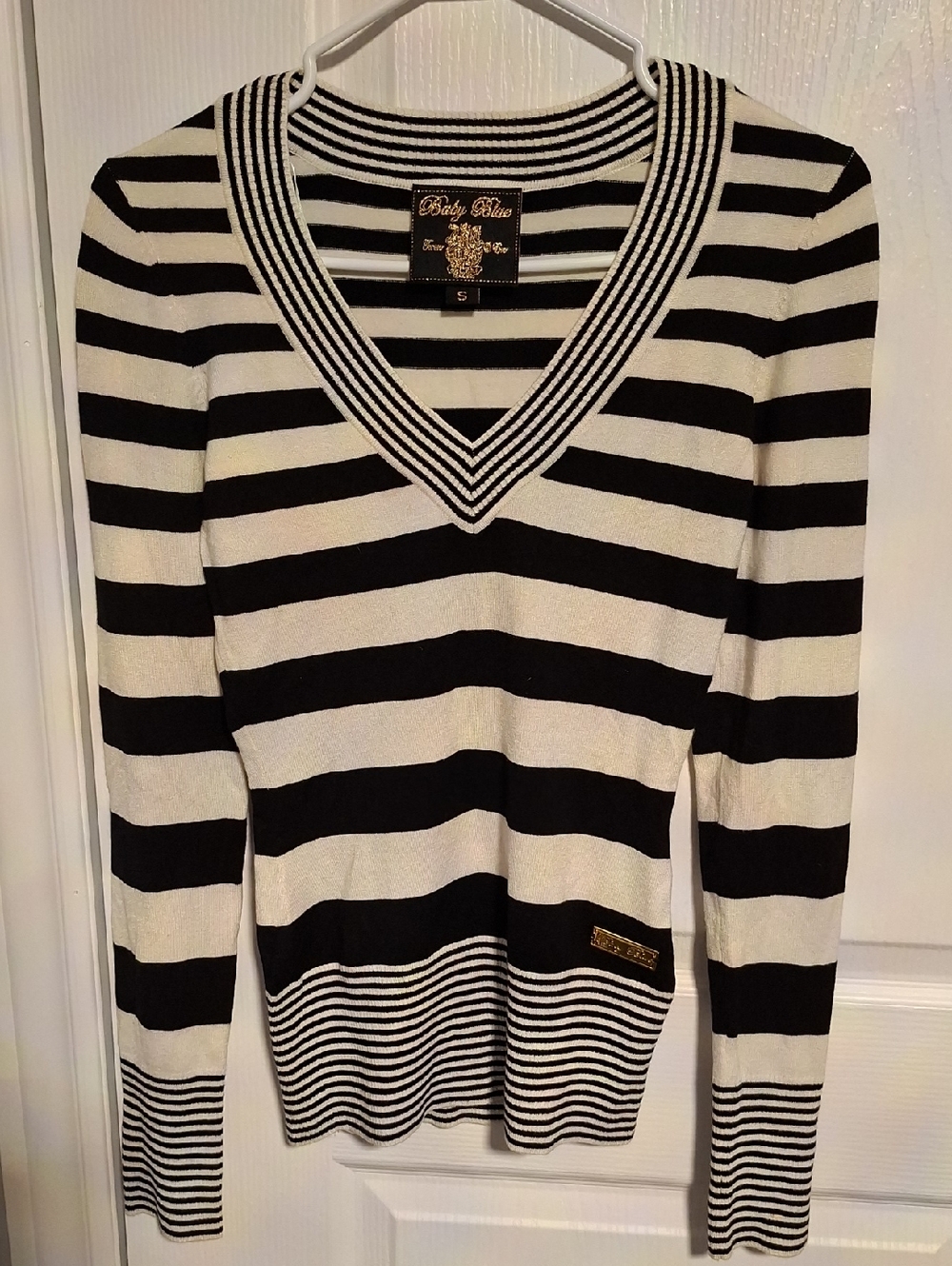Baby Phat Black‎ & White Striped V-Neck Sweater